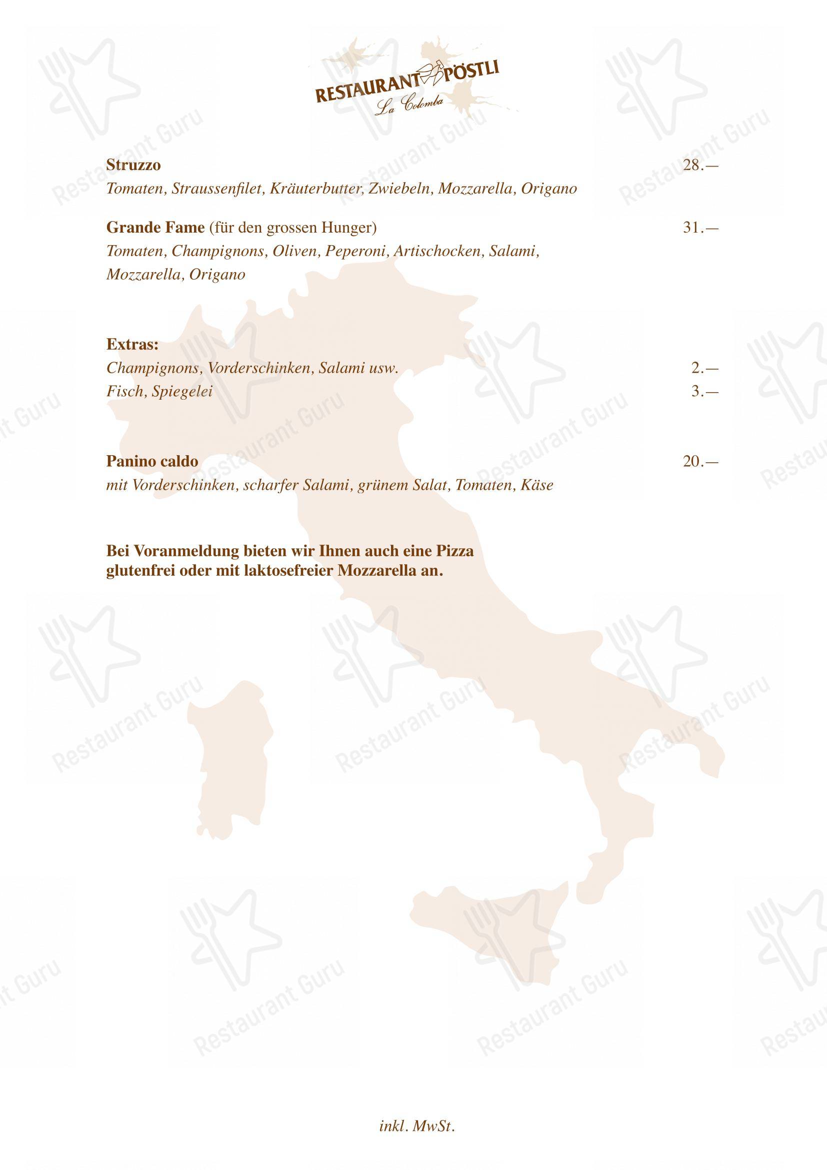 Menu di Restaurant Pöstli - Menu bar
