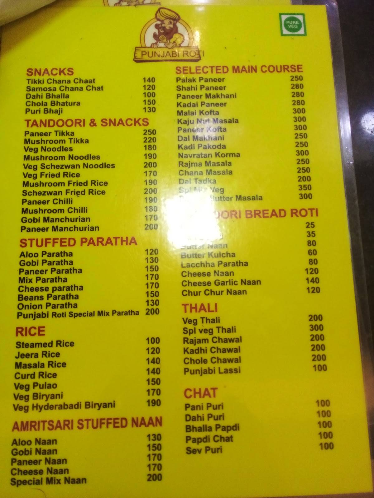 Punjabi Roti menu