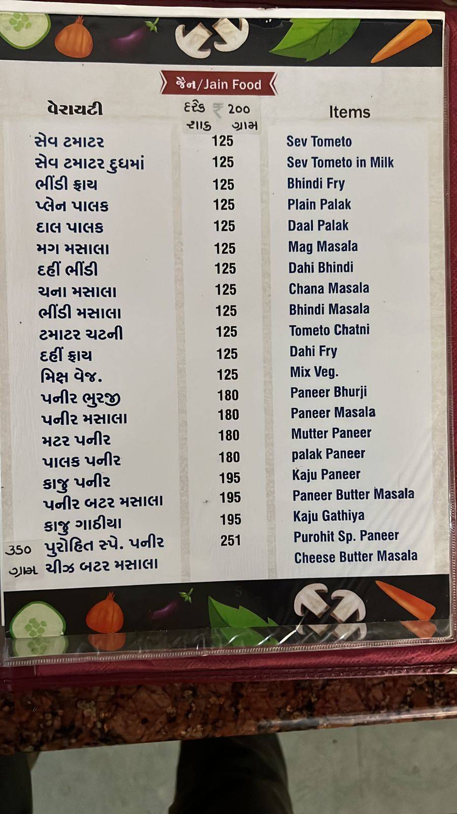 Purohit Dhaba menu