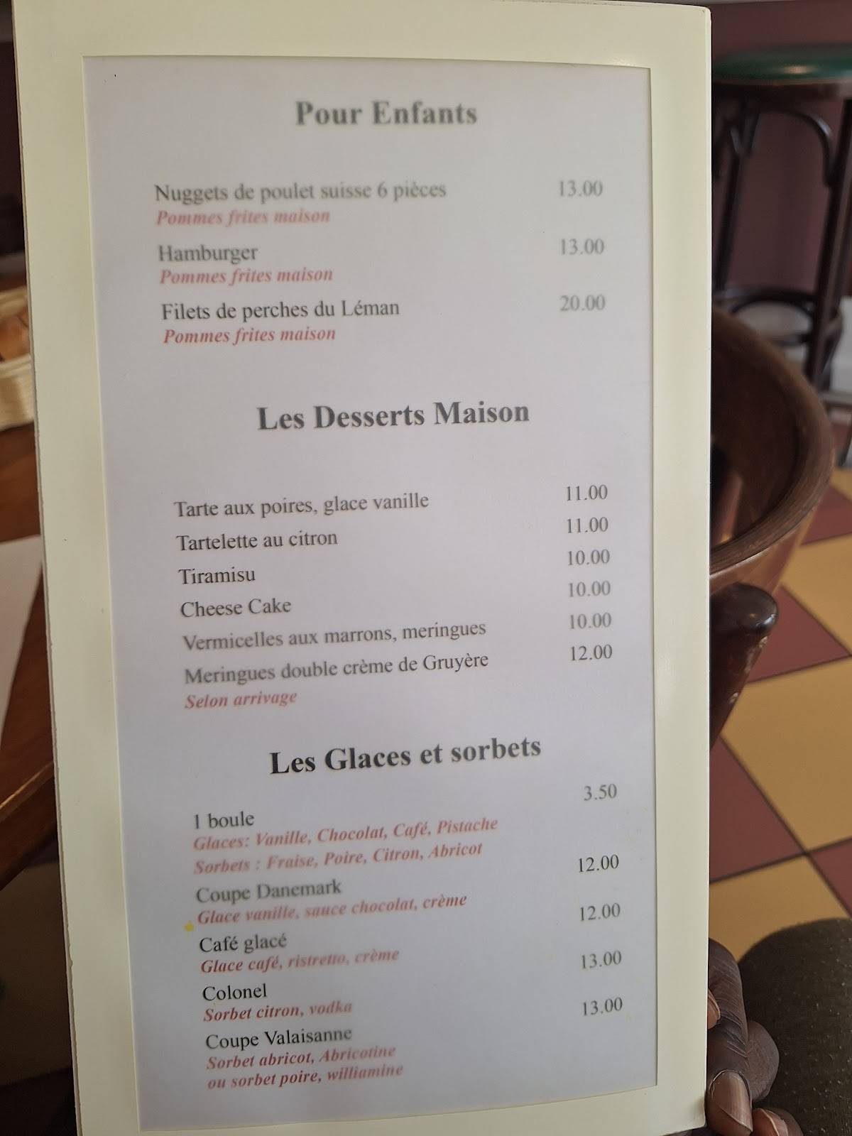 Menu di Restaurant La Croix Fédérale 