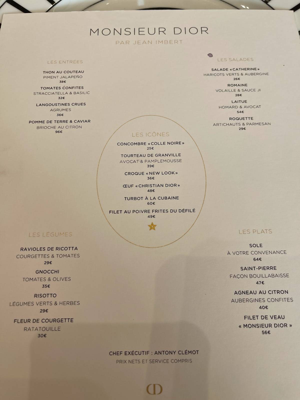 Menu at Restaurant Monsieur Dior, Paris
