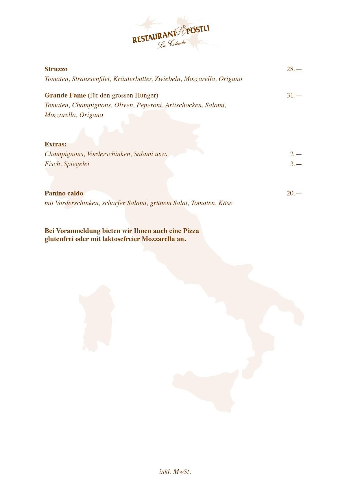 Menu di Restaurant Pöstli 
