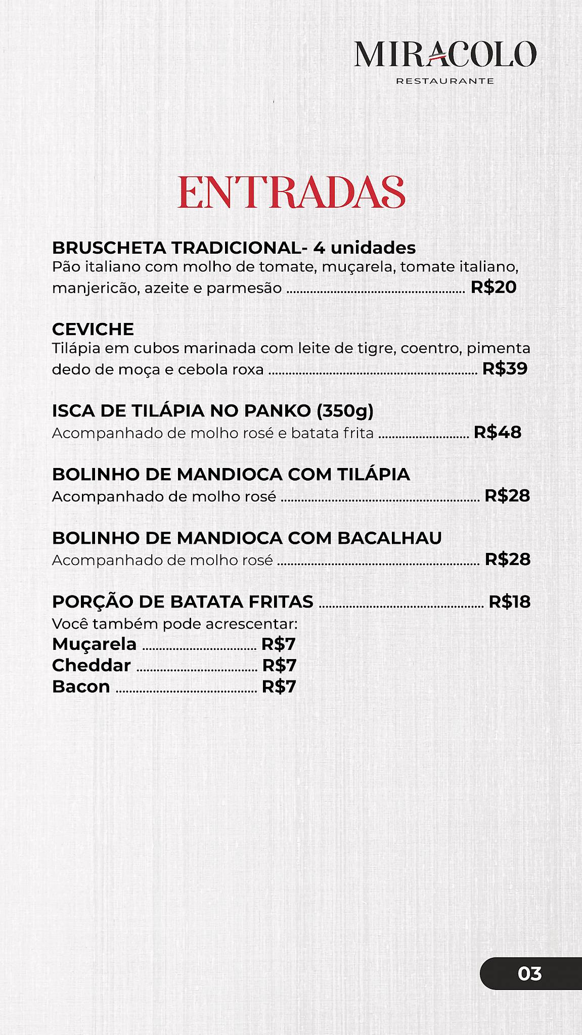 Restaurante Miracolo cardápio