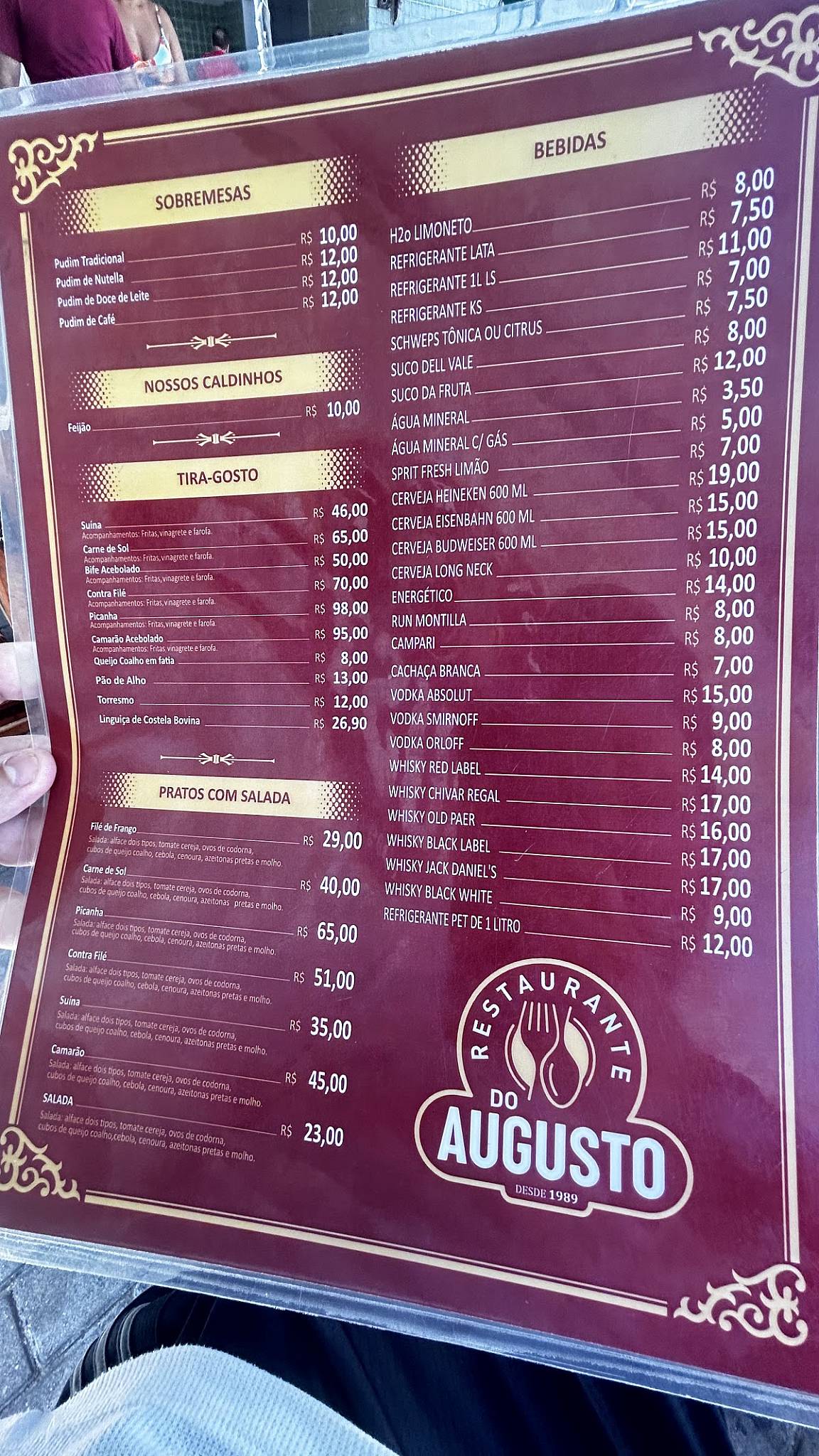 Restaurante do Augusto em Poço - Maceió cardápio