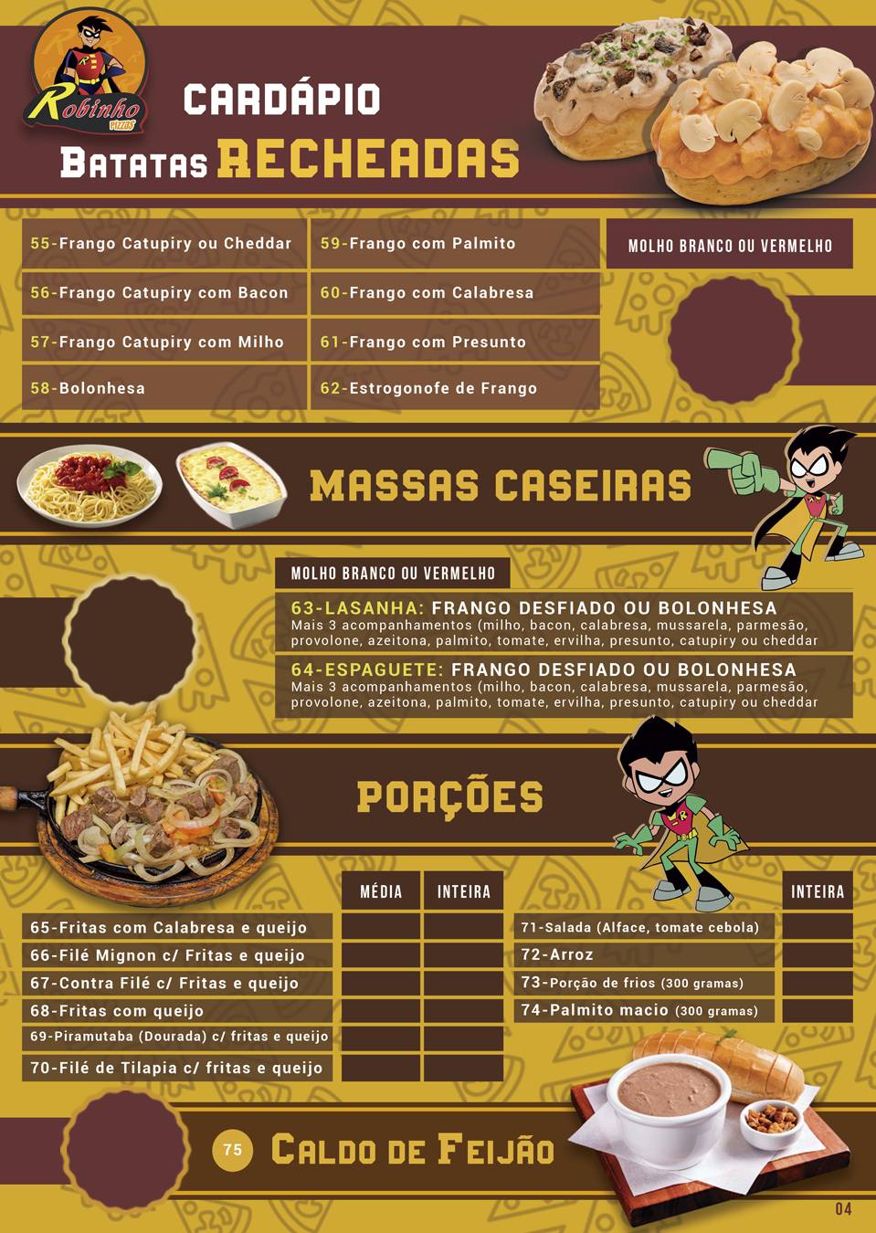 Robinho Lanches e Pizzas cardápio