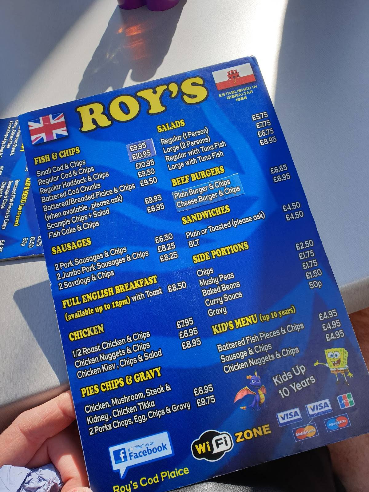 Menu at Roy's Fish and Chips restaurant, Gibraltar