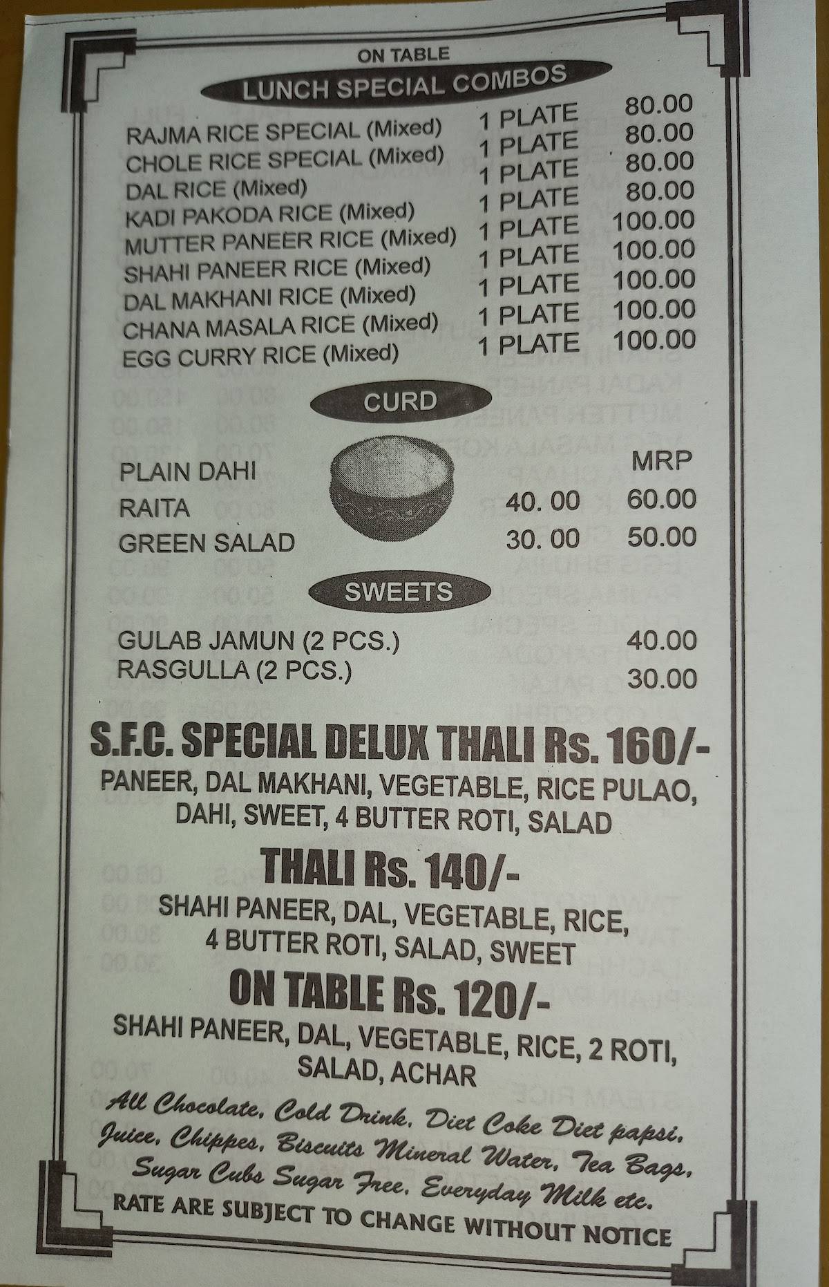 SONU FOOD CORNER menu