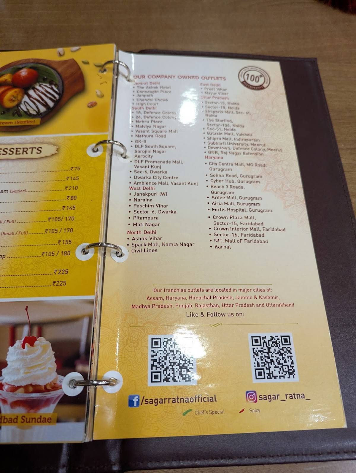 Sagar Ratna menu