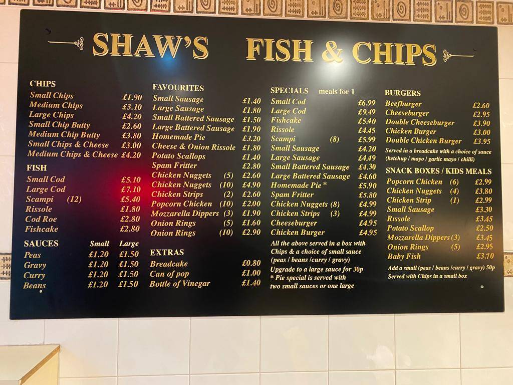 Menu at Shaw’s Fish & Chips restaurant, Sheffield