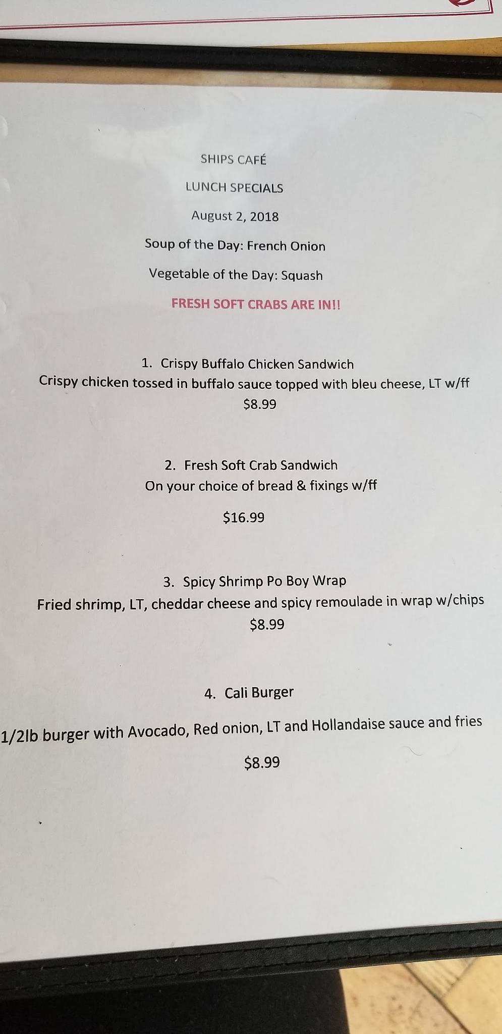 Menu at Ships Cafe Restaurant and Crab House, Catonsville