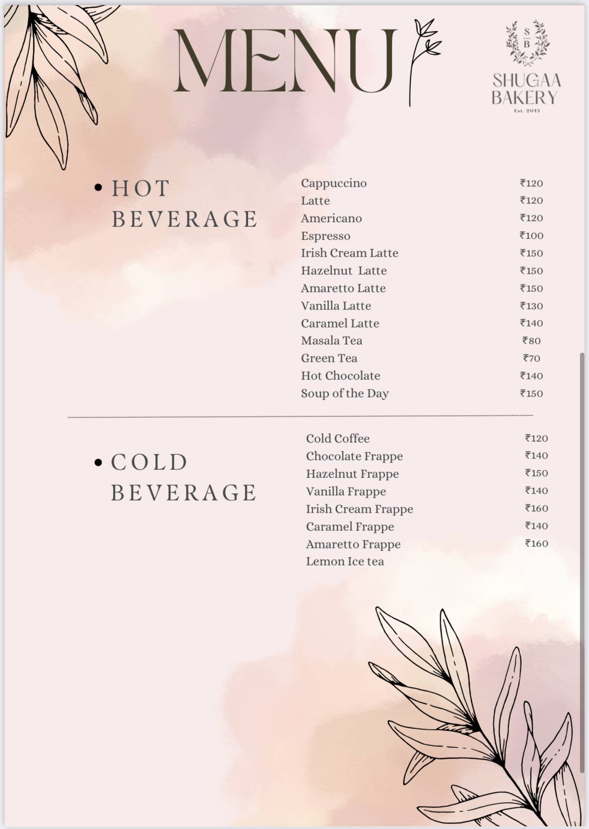 Shugaa Bakery menu