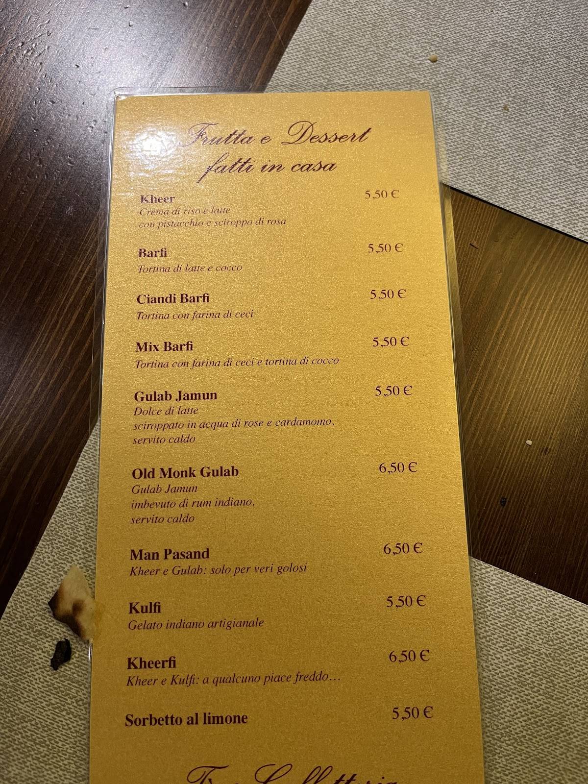 Menu di Taj Mahal Milano dal 1998 Nuova sede-Arco della Pace Cucina indiana 