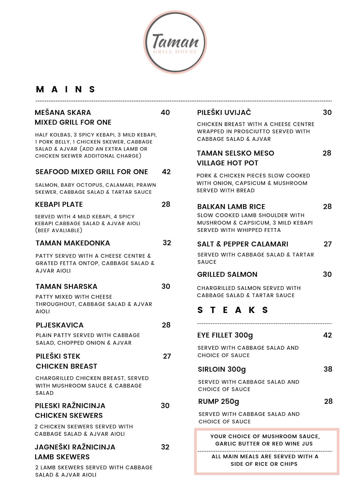 Carta del restaurante Taman Macedonian Grill House, Delahey