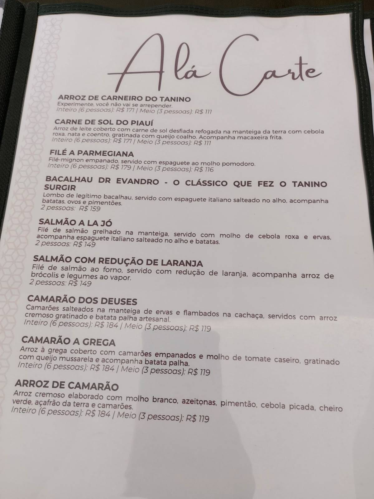 Tanino Gastronomia cardápio