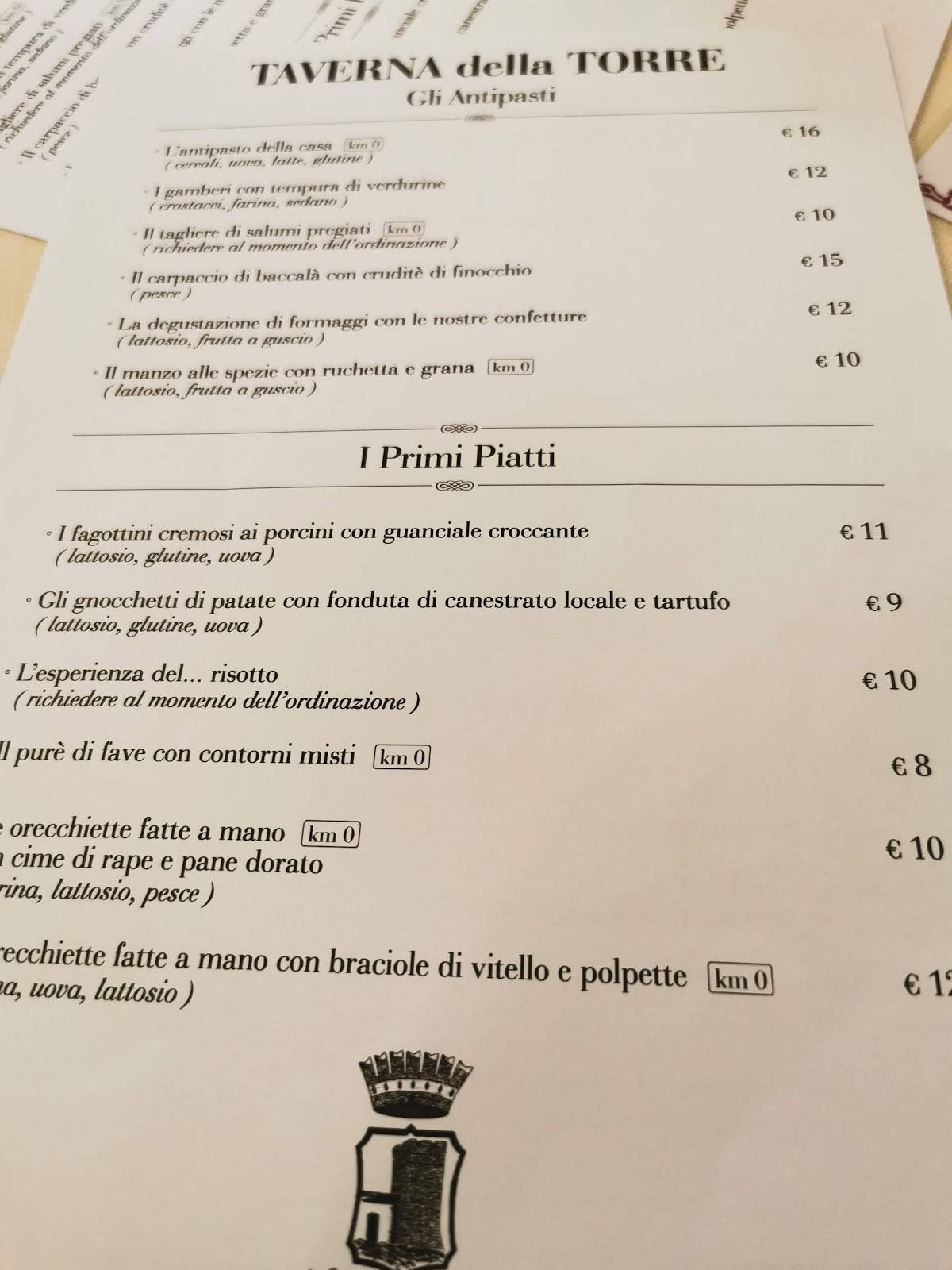 Menu di Taverna della Torre 