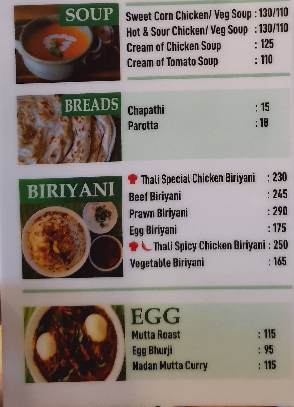 Thali Restaurant menu
