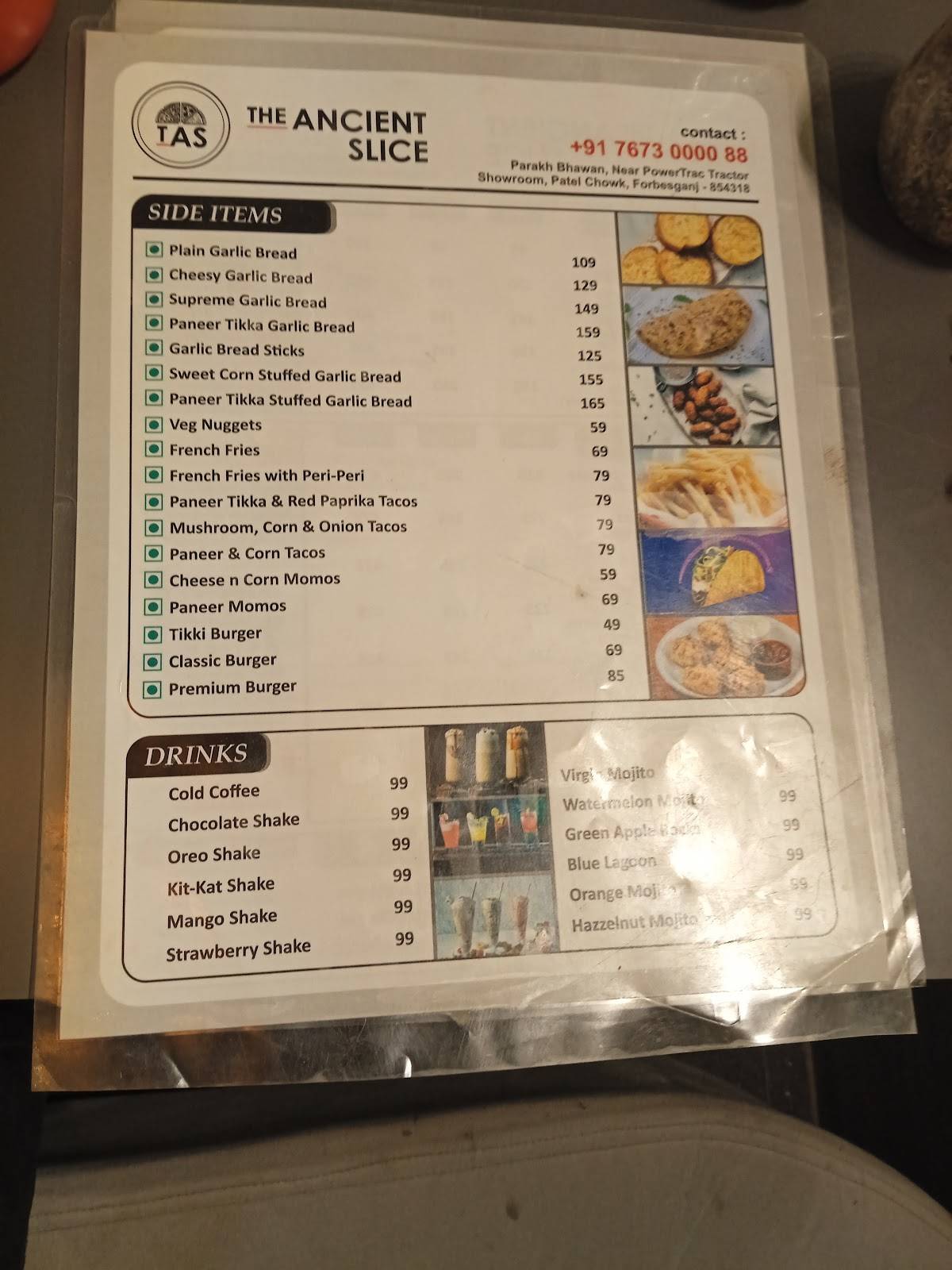 The Ancient Slice menu