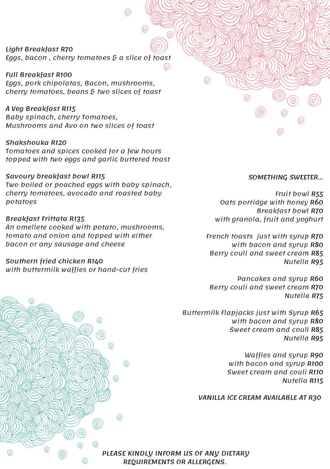 Menu at The Breakfast Room restaurant, Durban