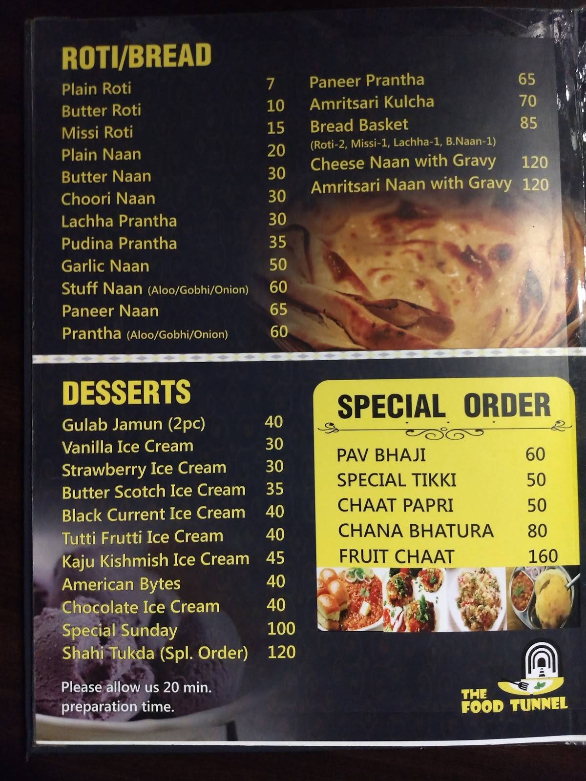 The Food Tunnel menu