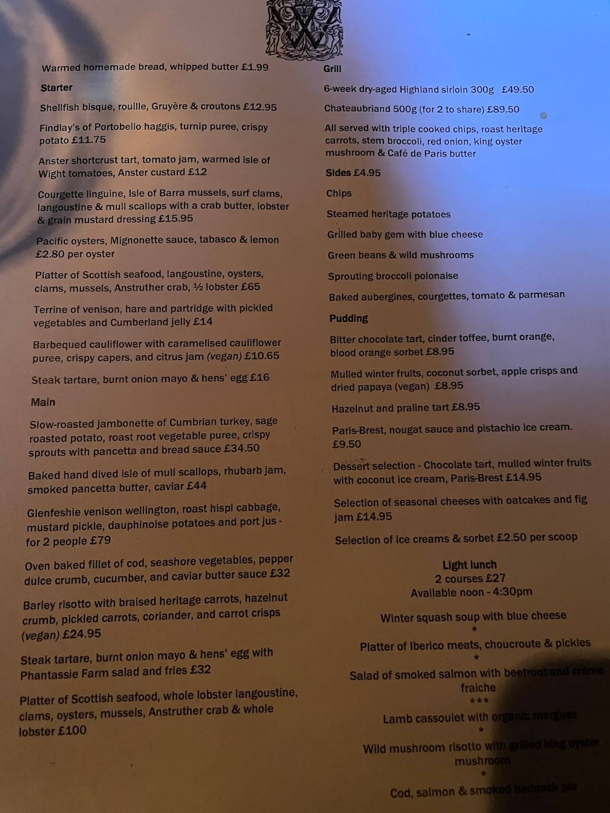 Menu at The Witchery by the Castle restaurant, Edinburgh