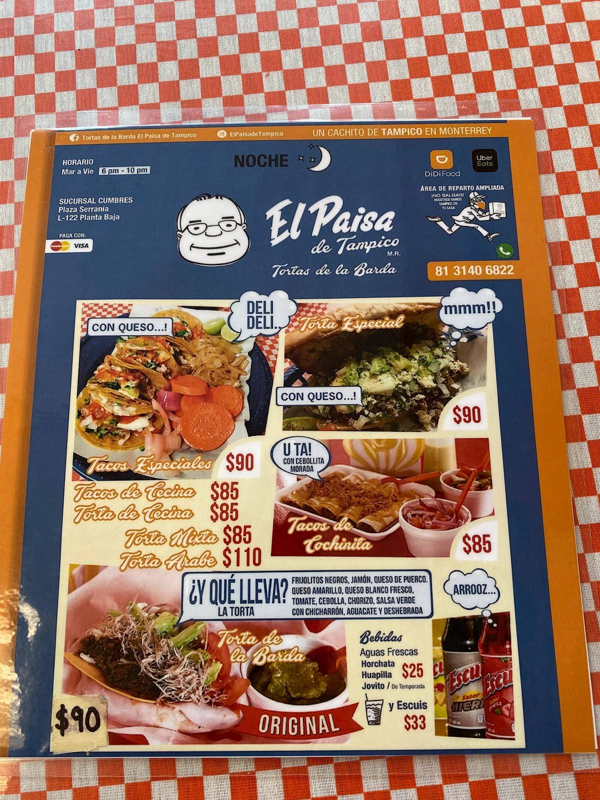 Carta De Tortas De La Barda El Paisa De Tampico Cumbres Monterrey