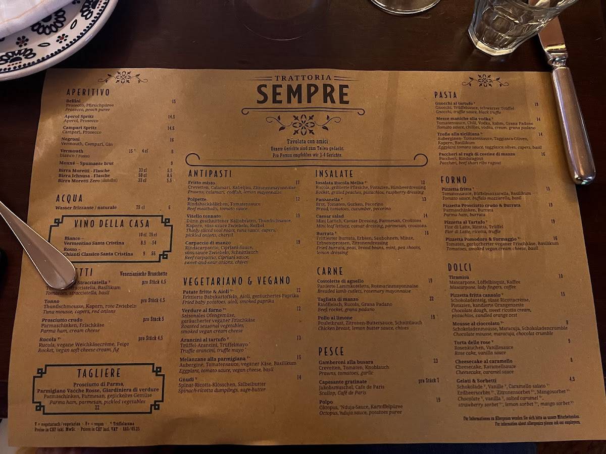 Menu di Trattoria Sempre Zürich 