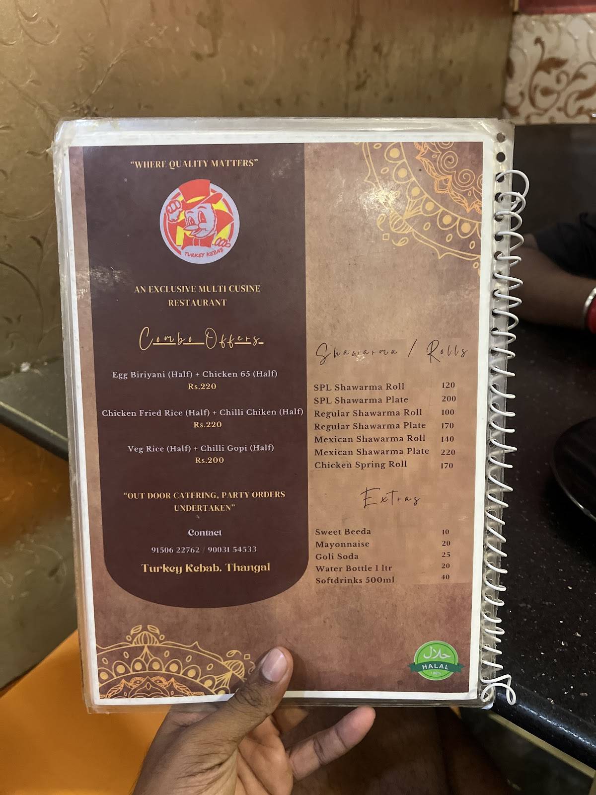 Turkey Kebab menu