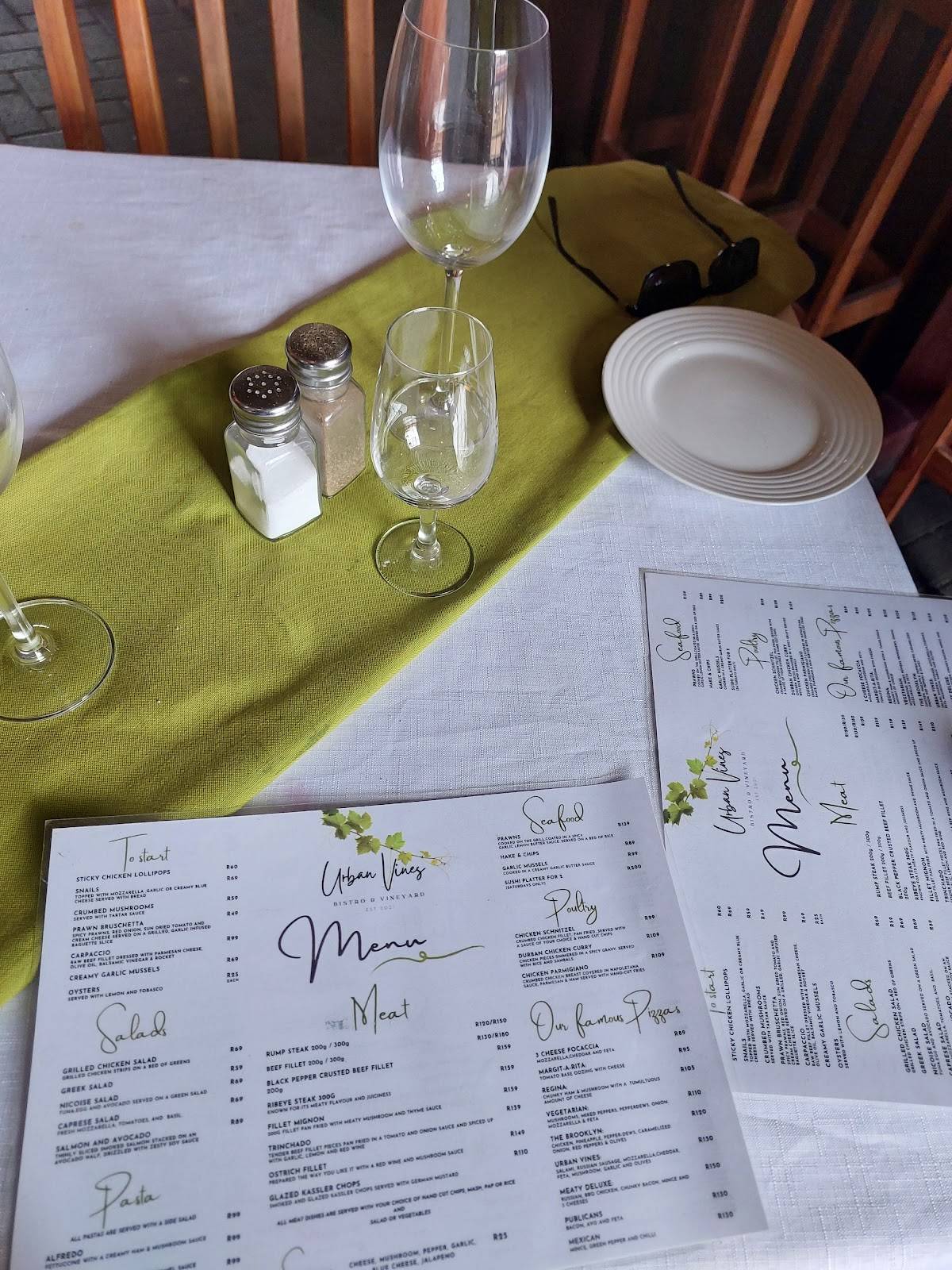 Menu at Urban Vines bistro and vineyard restaurant, Vanderbijlpark