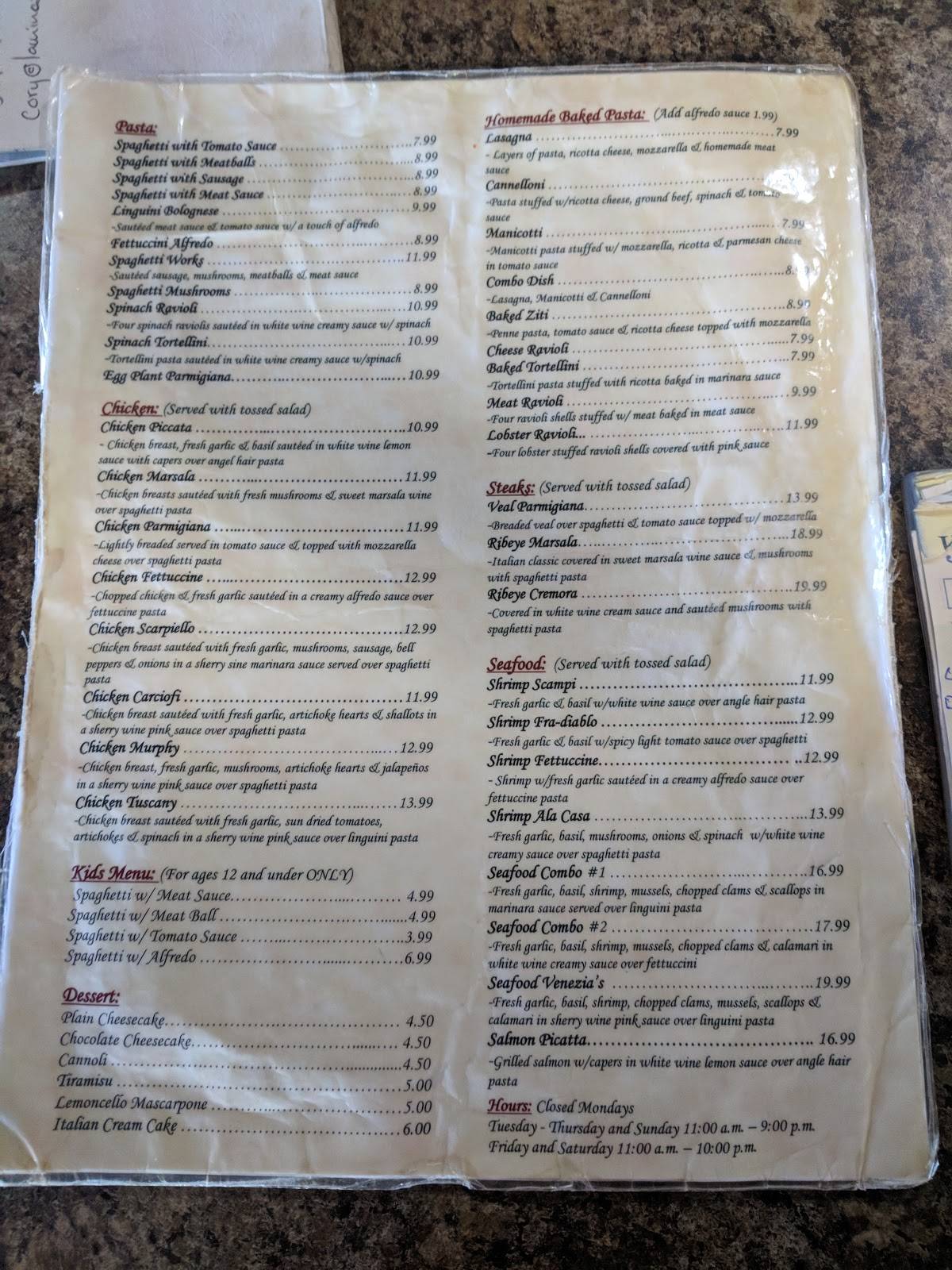 Menu at Venezia's Pizza & Pasta restaurant, Russellville