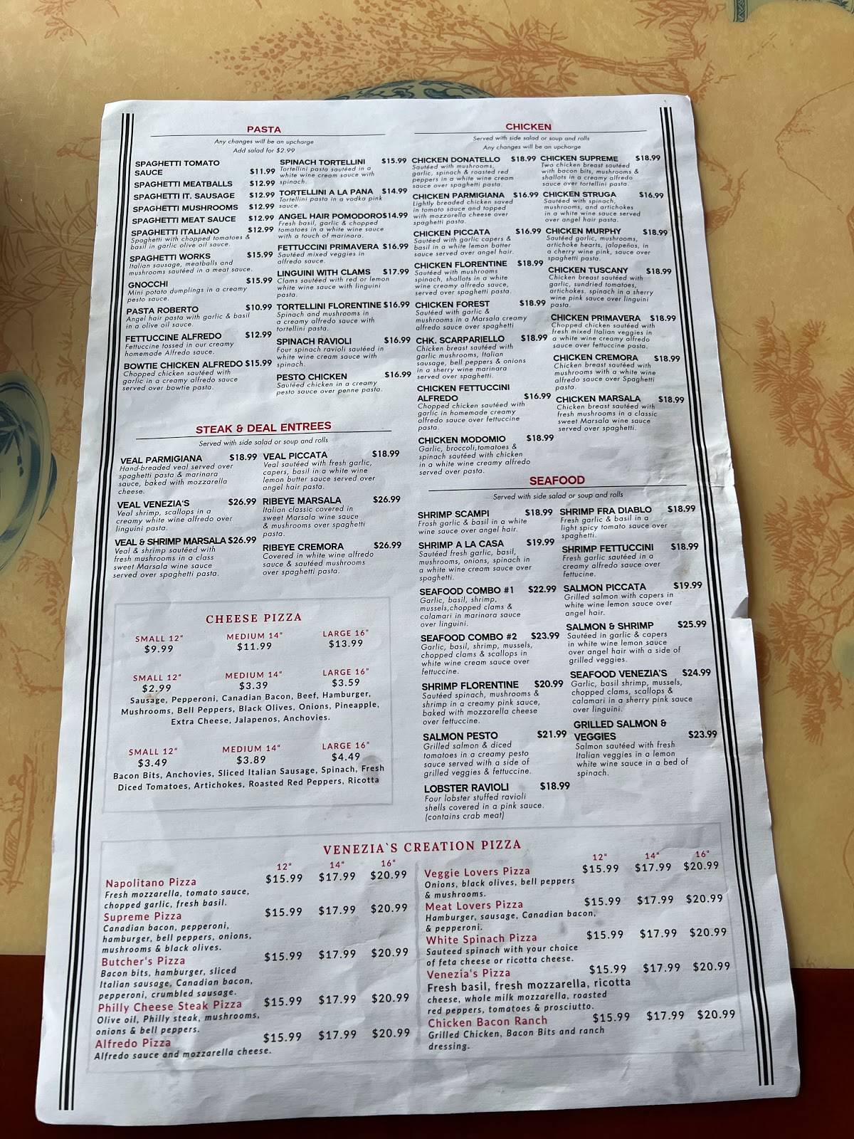 Menu at Venezia's Pizza & Pasta restaurant, Russellville