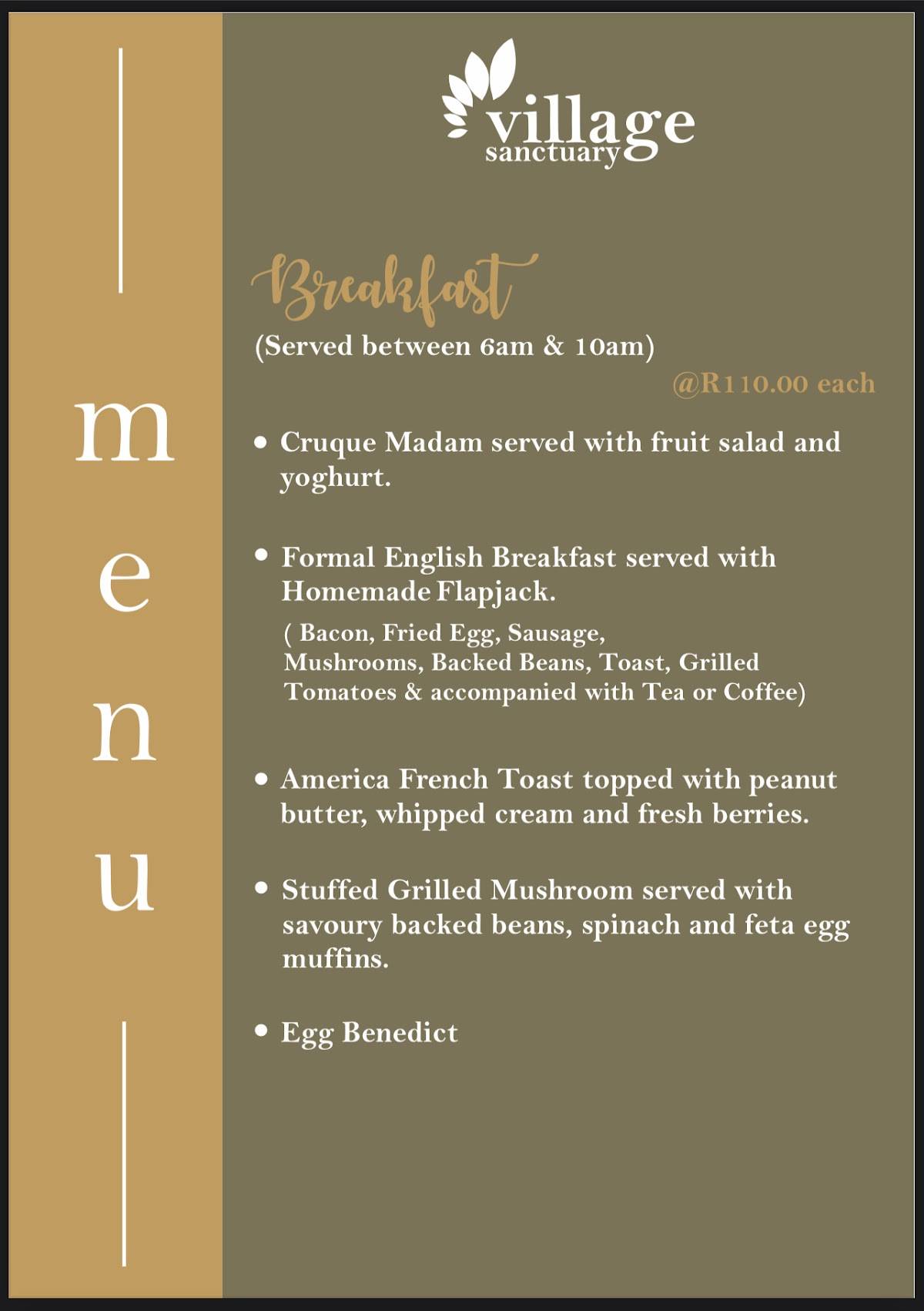 Menu at Village Sanctuary restaurant, Zebediela