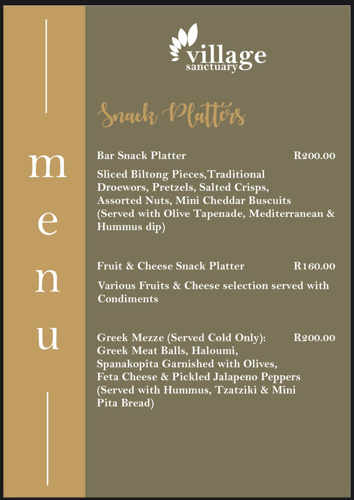 Menu at Village Sanctuary restaurant, Zebediela