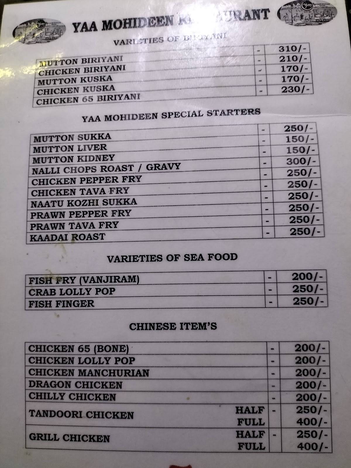 Yaa Mohaideen Biriyani menu