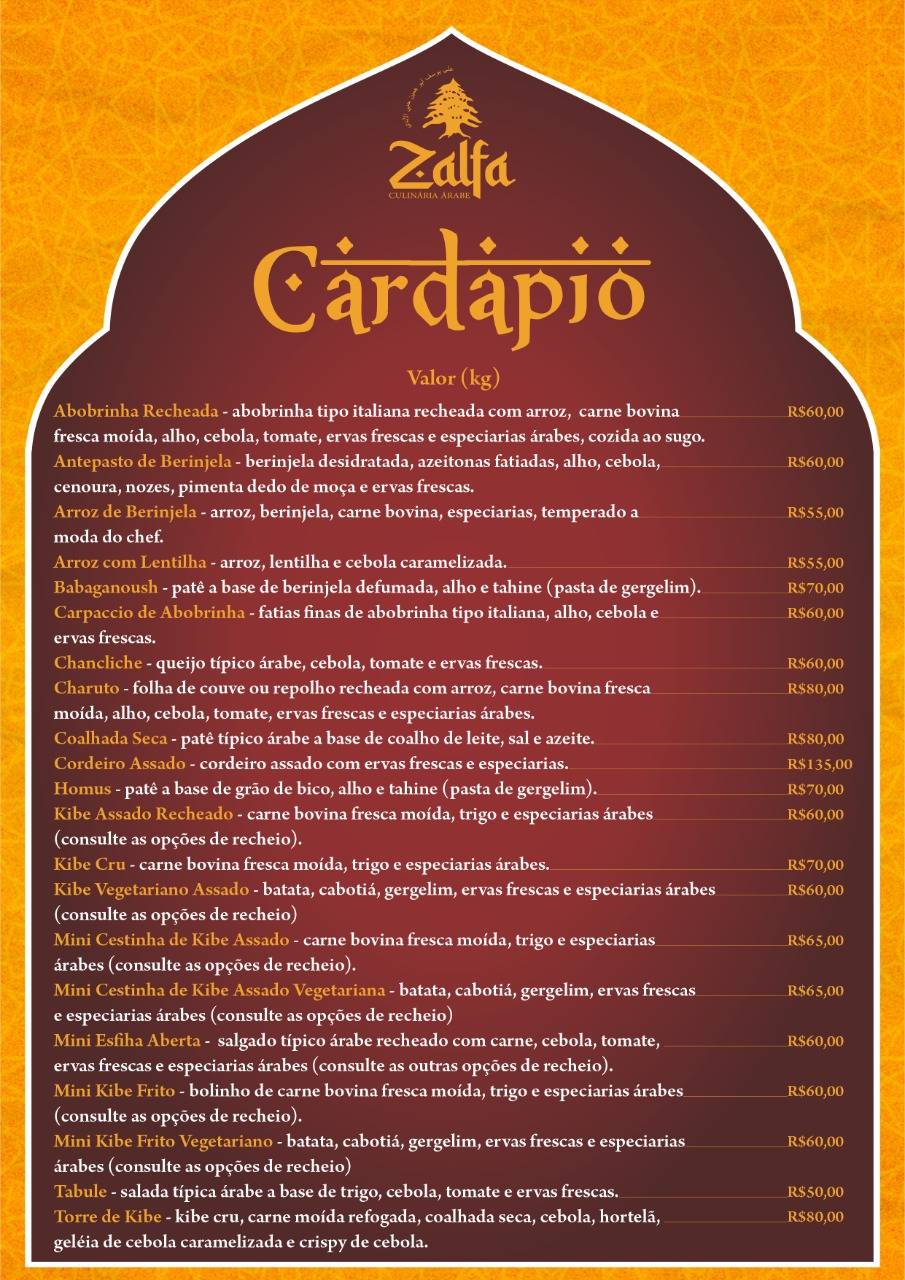 Zalfa Culinária Árabe cardápio