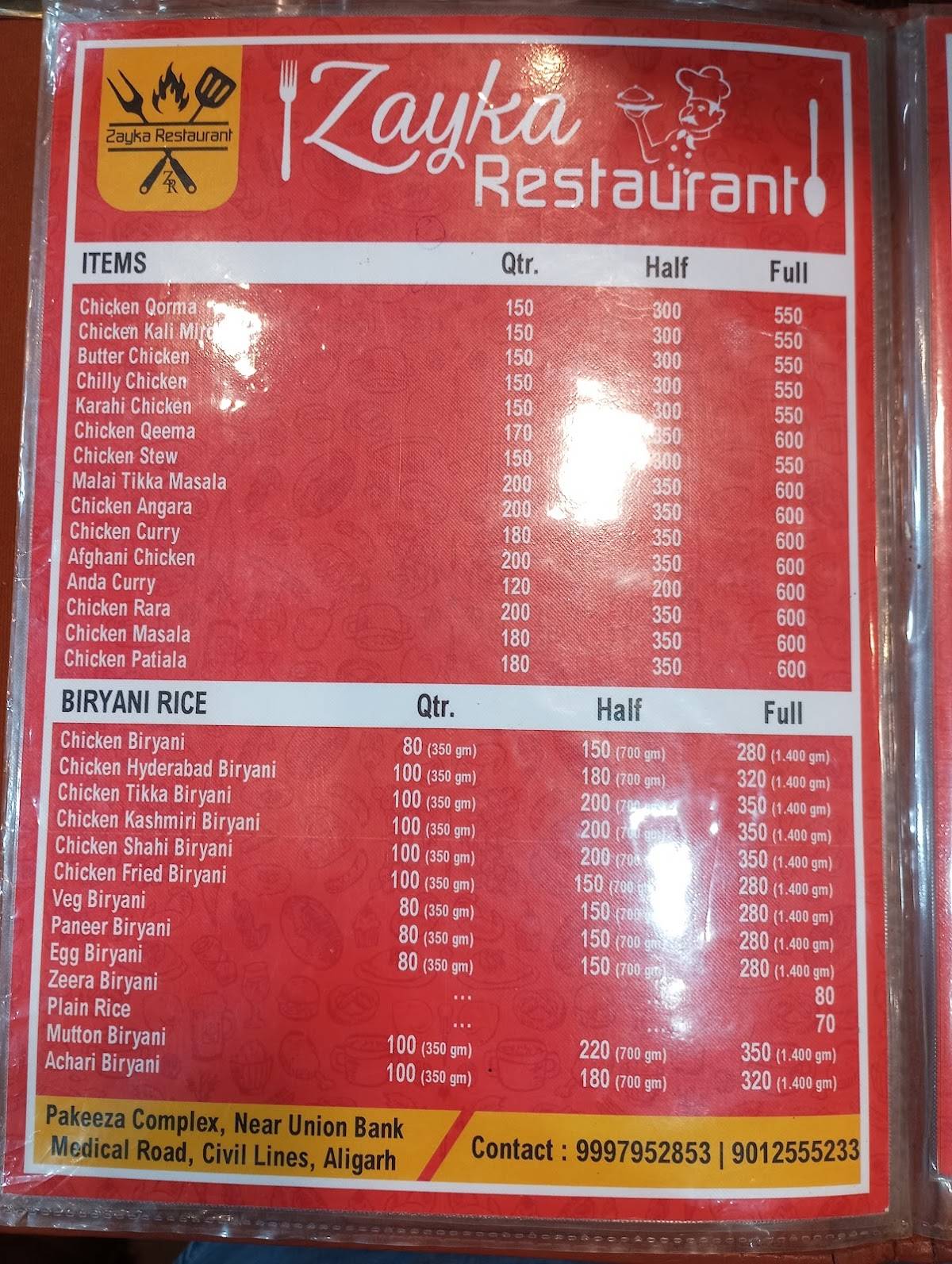 Zayka Restaurant menu