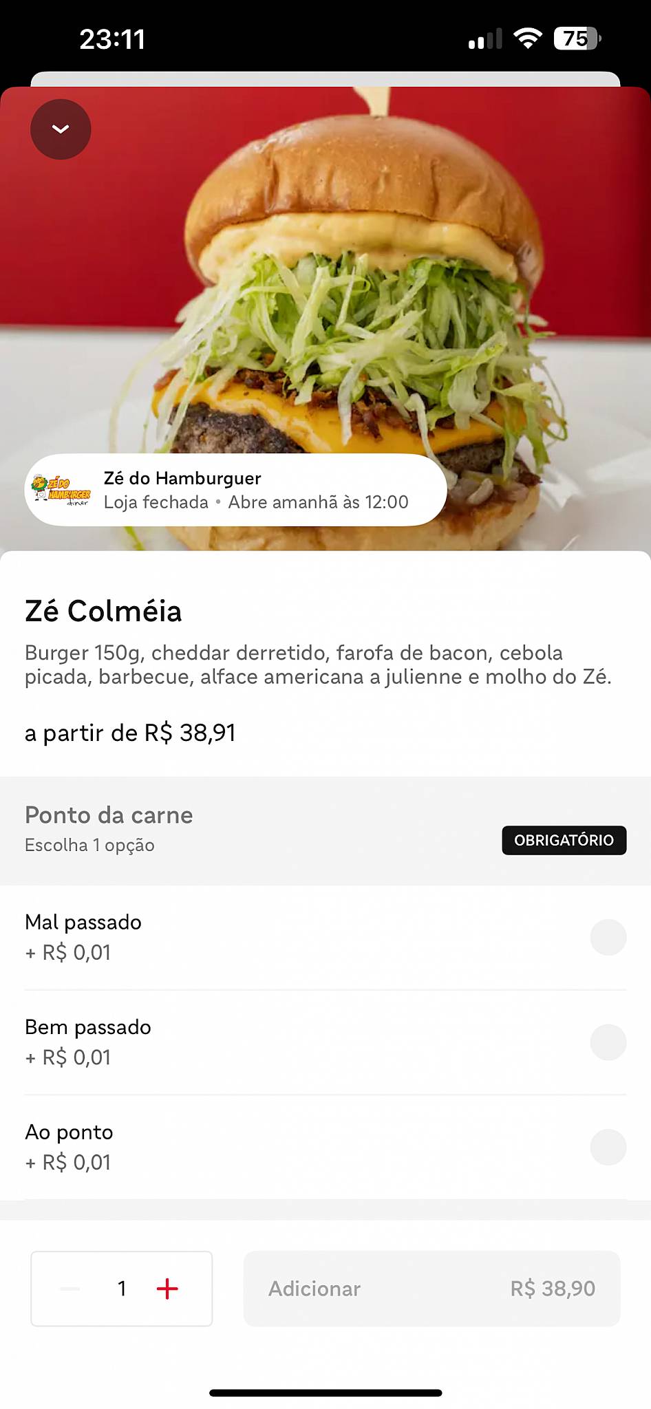 Zé do Hamburger cardápio