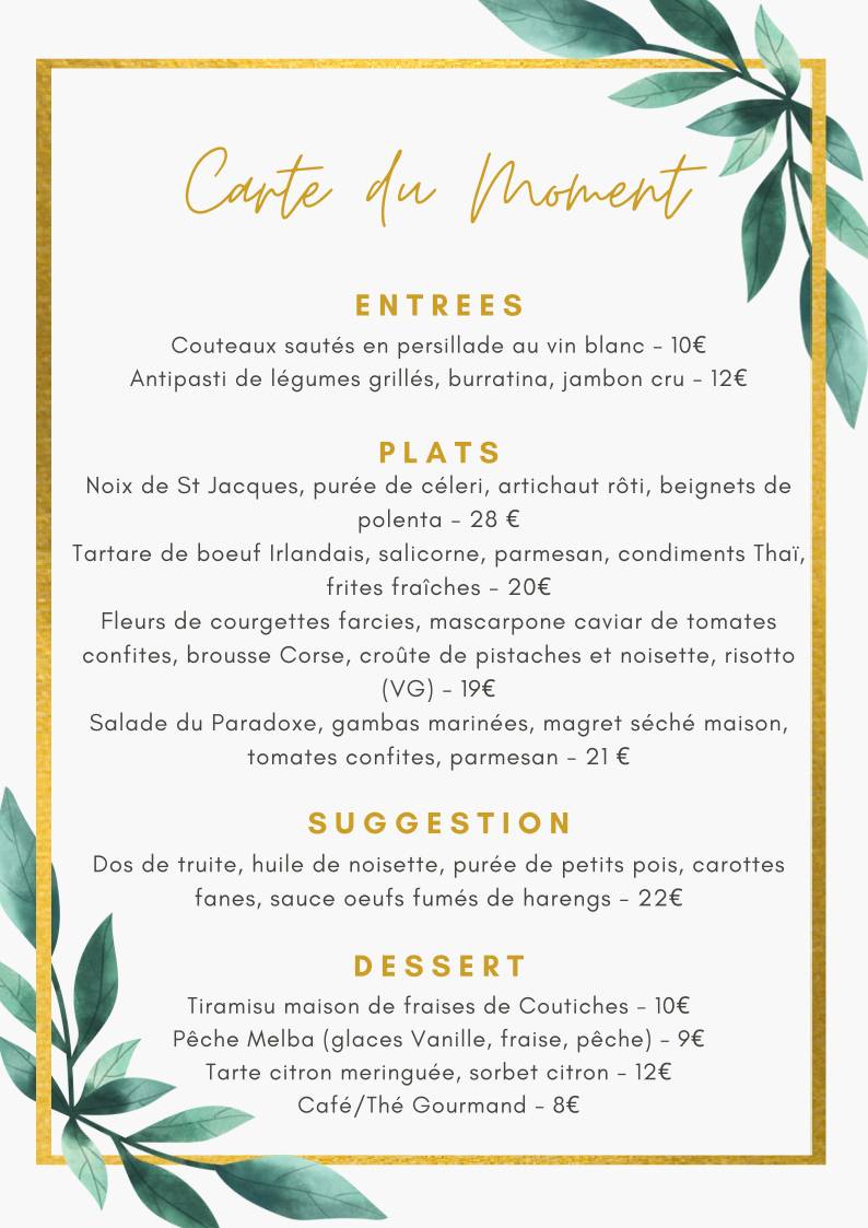 Menu de Restaurant le Paradoxe
