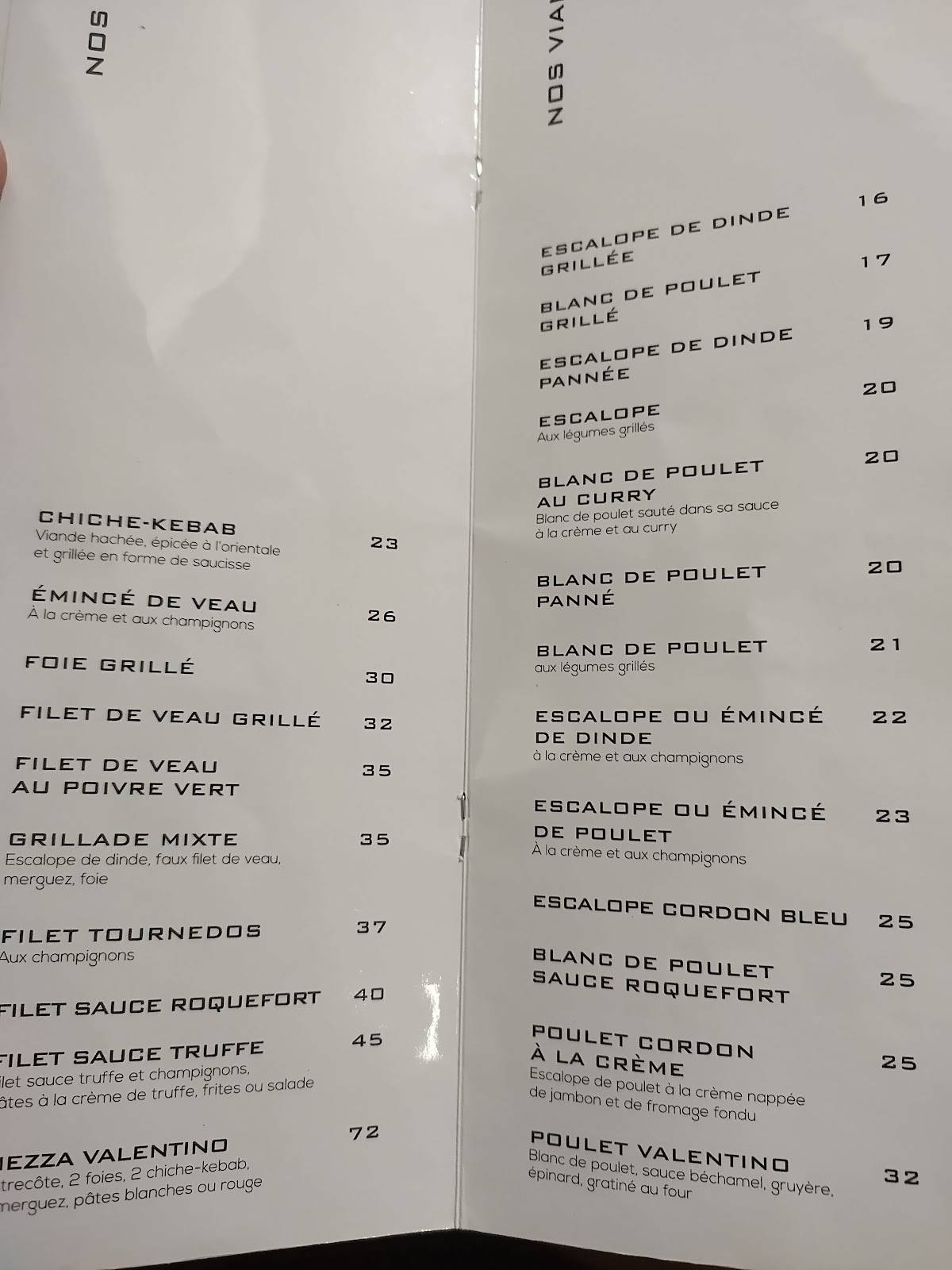 Menu de restaurant valentino