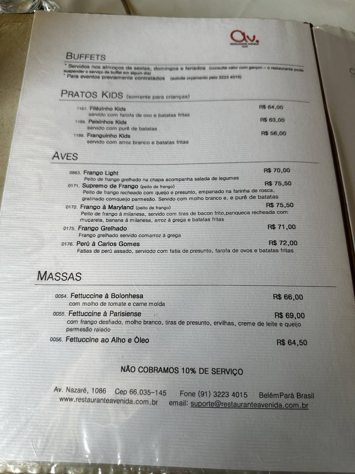 Restaurante Avenida cardápio