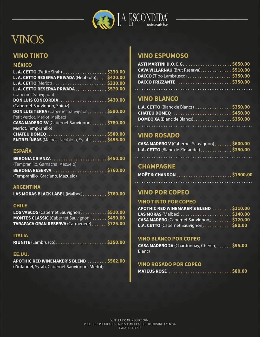 Carta de Restaurante La Escondida, Ocoyoacac, Carretera México-Toluca