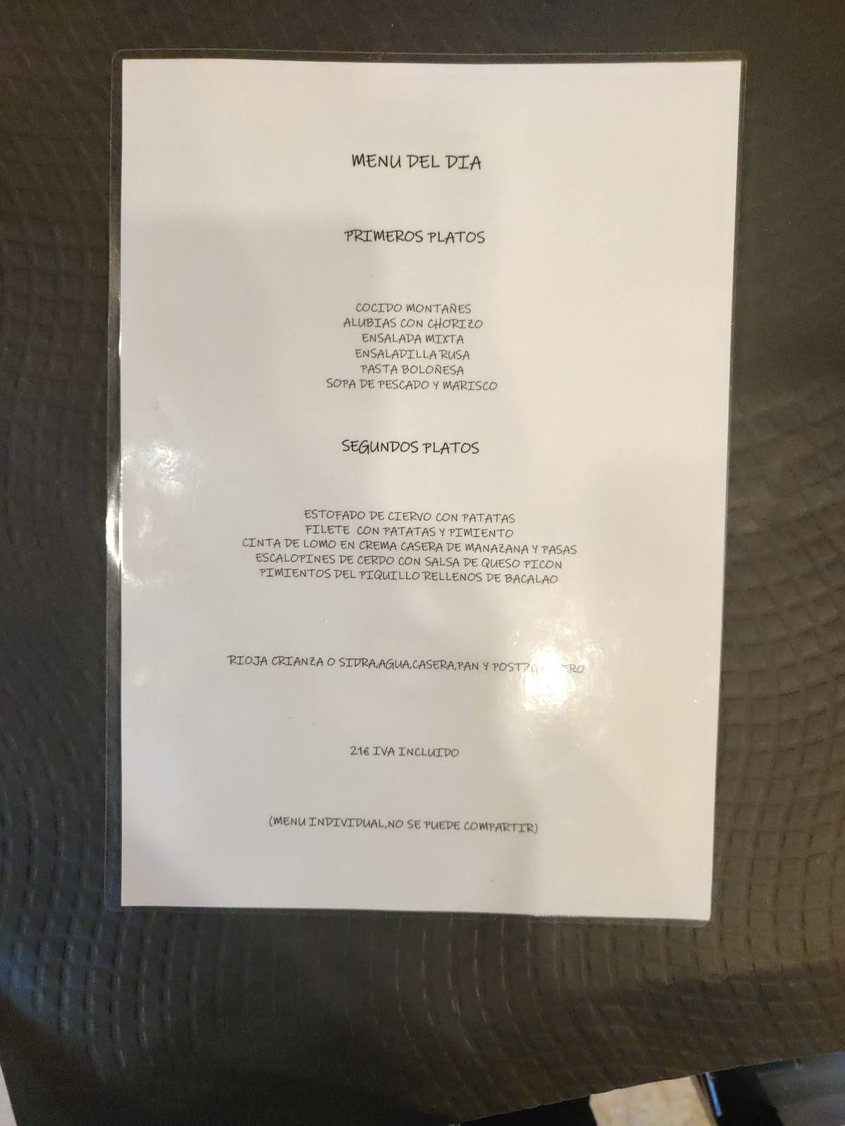 Carta de RESTAURANTE LA SOLANA DE BARCENA MAYOR, Bárcena Mayor