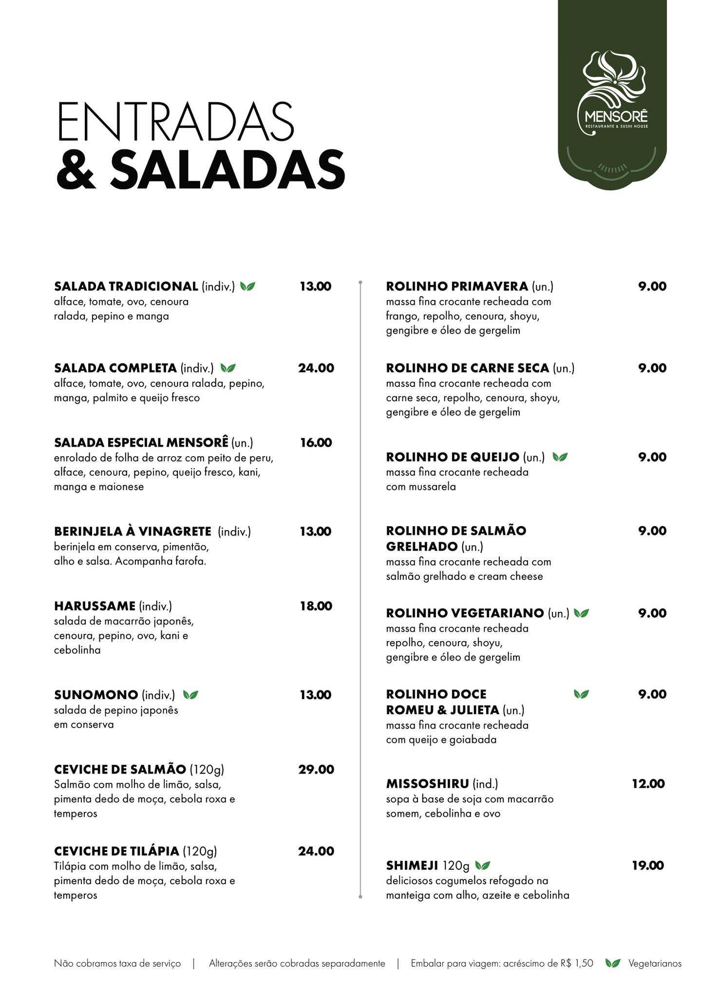Restaurante Mensorê cardápio