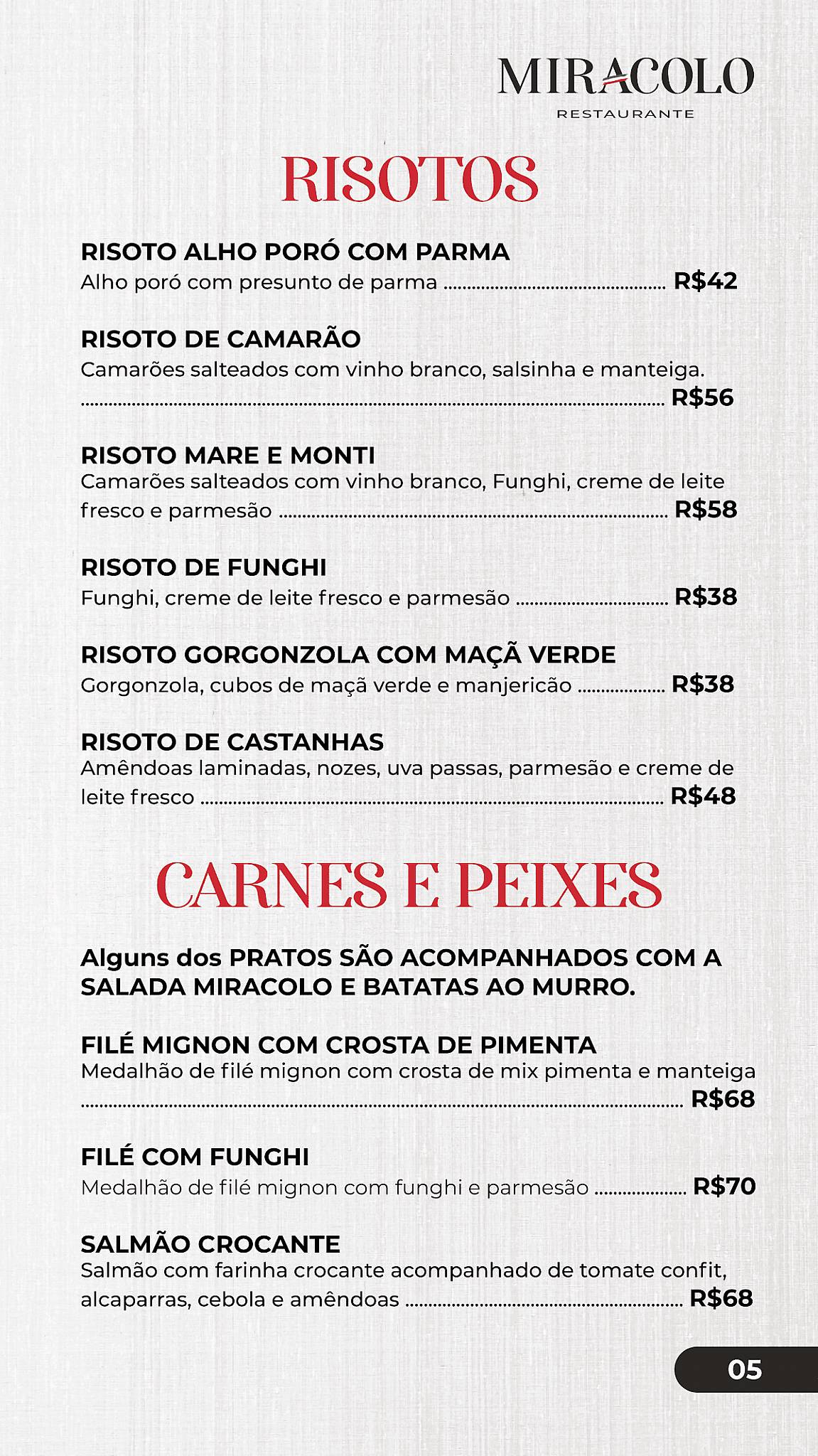 Restaurante Miracolo cardápio