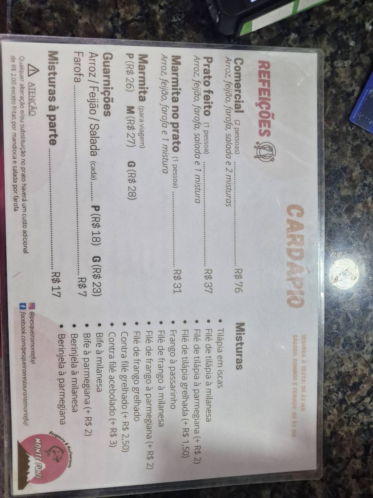 Restaurante Monte Fuji cardápio