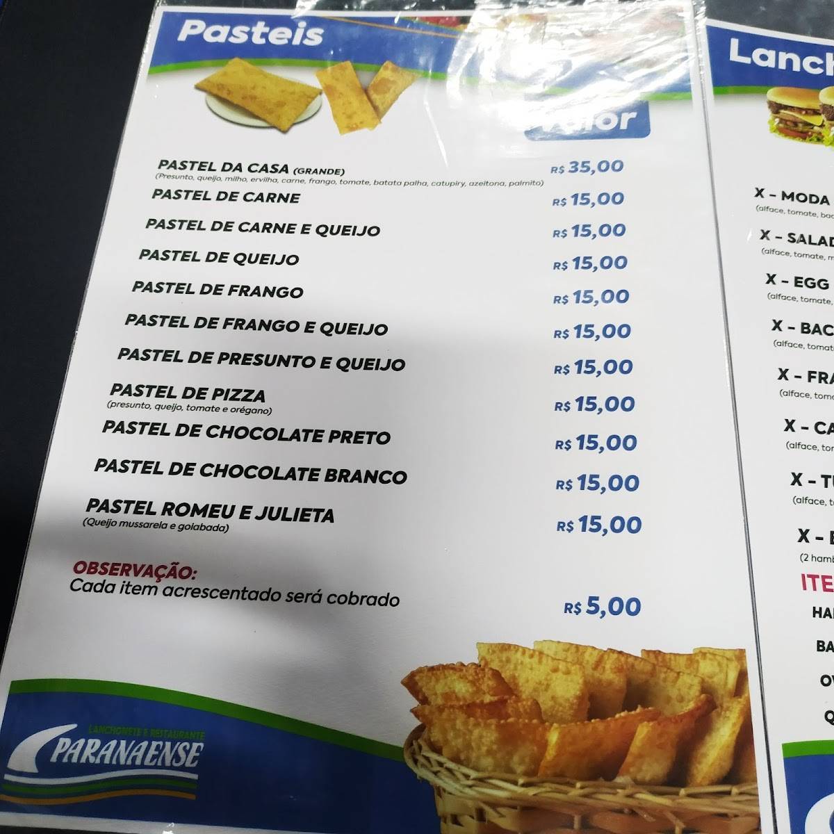 PARANAENSE RESTAURANTE E EVENTOS LTDA cardápio