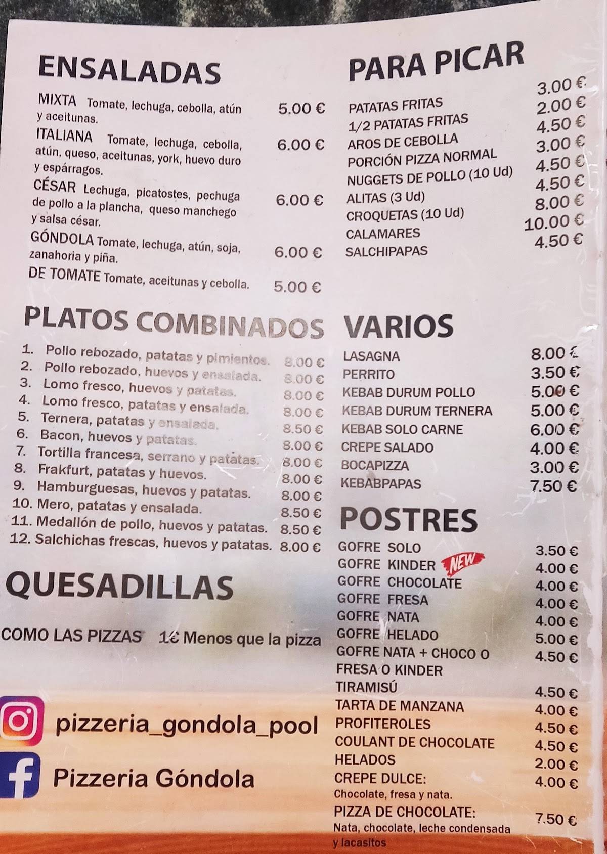 Menu at Restaurante Pizzería Góndola de la Mancha, La Solana