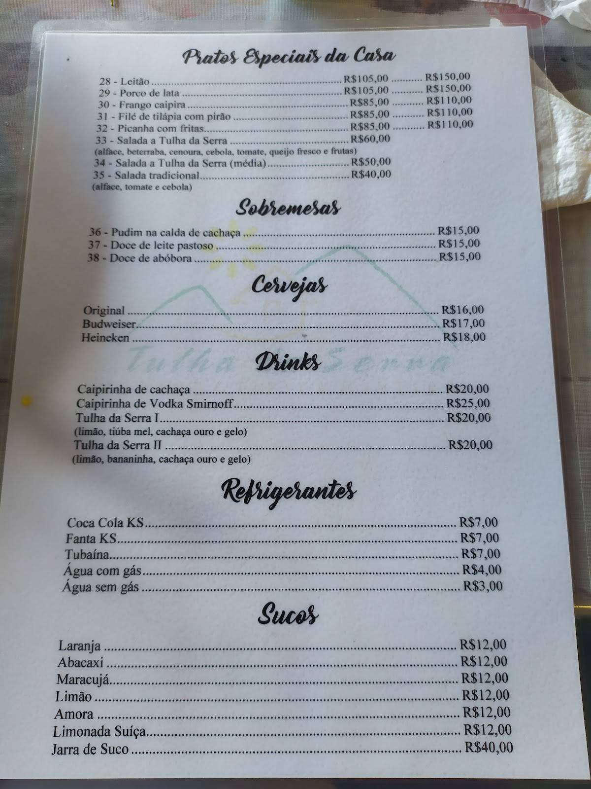 Restaurante Tulha da Serra cardápio