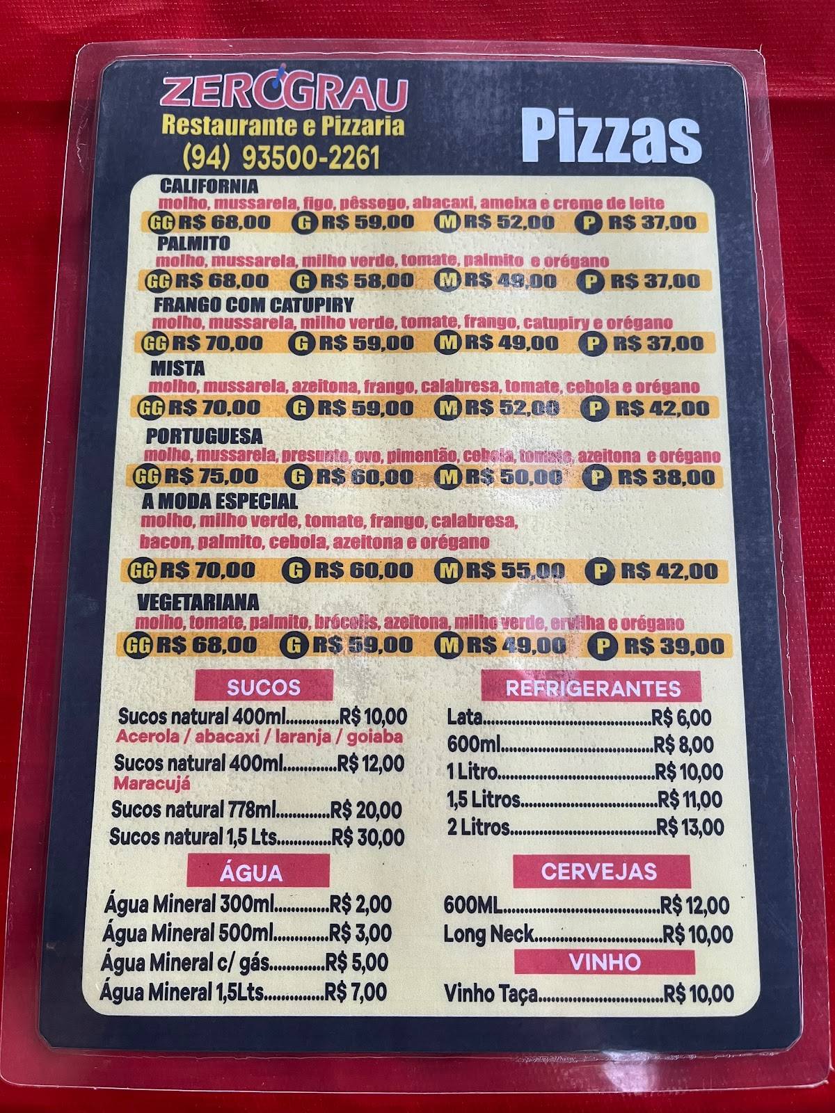 Restaurante e Pizzaria Zero Grau cardápio