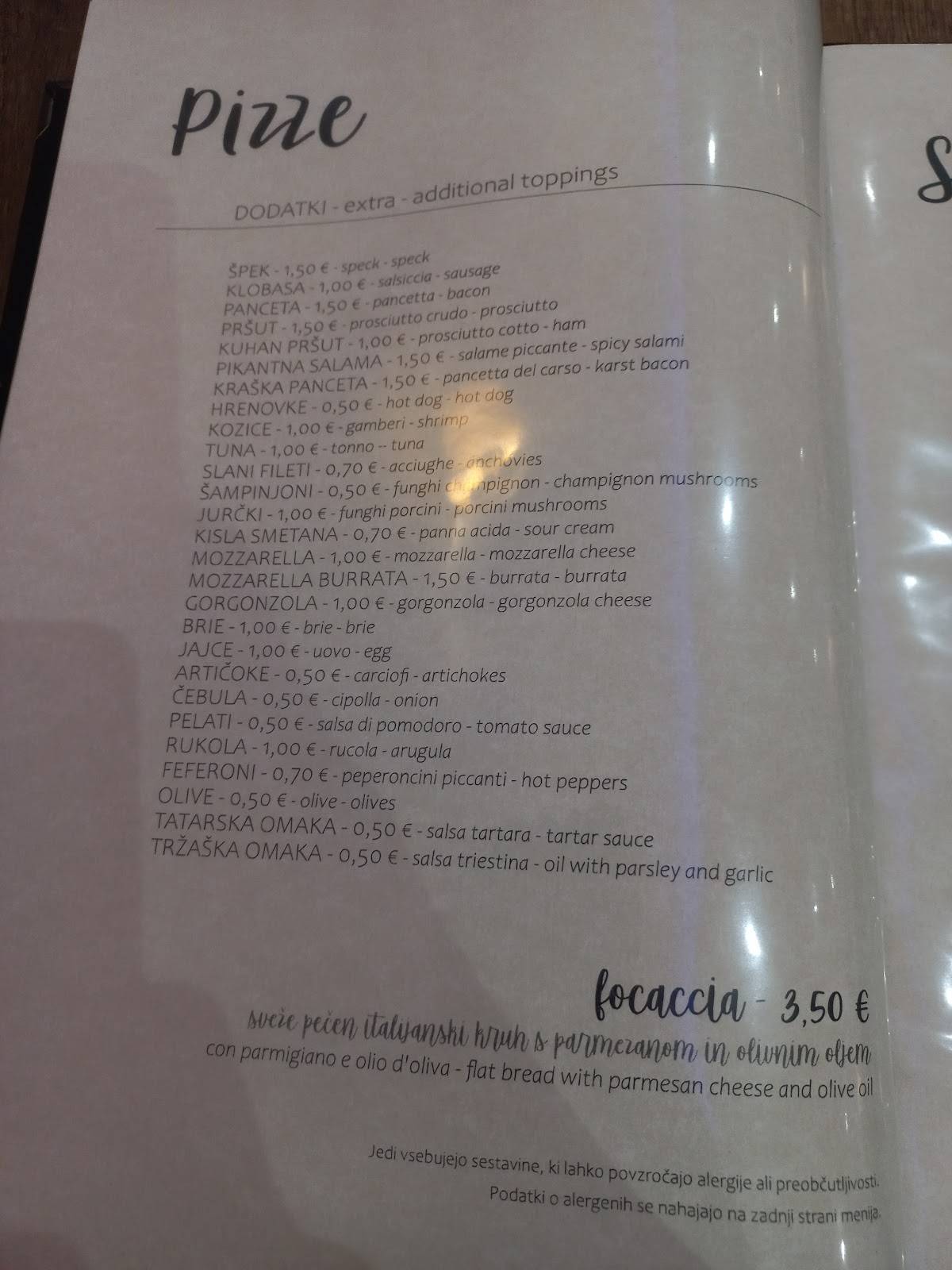 Menu di Restavracija Avenija 