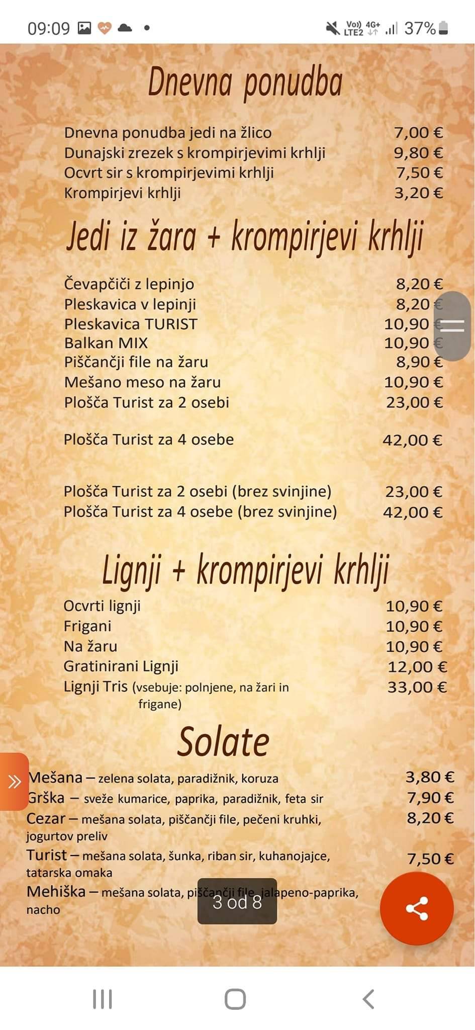 Menu di Restavracija Pizerija Turist 